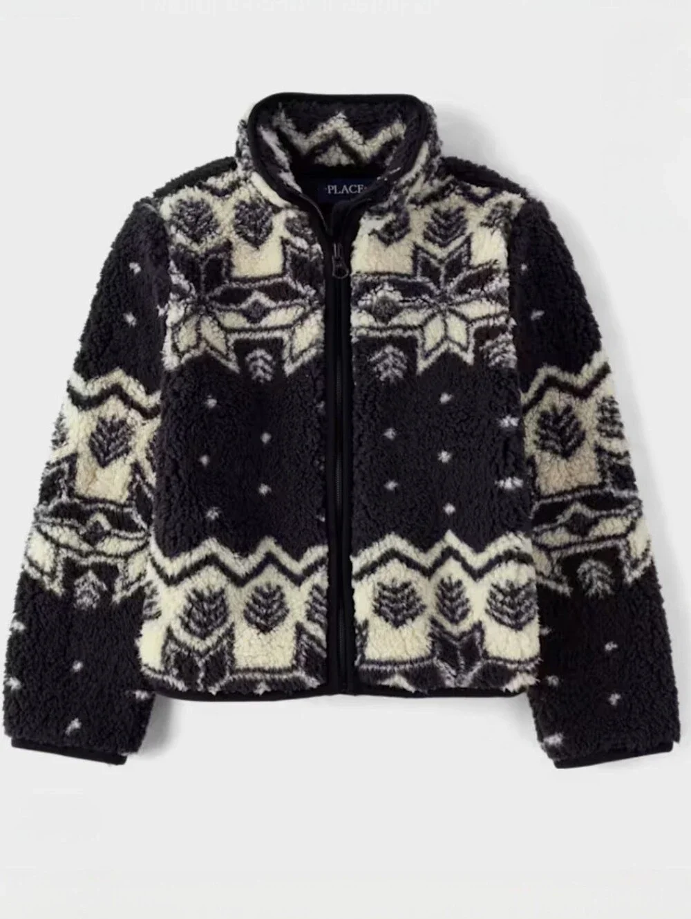 The Children's Place Fair Isle Pattern Print Sherpa Zip Jacket Black Cream XS 4